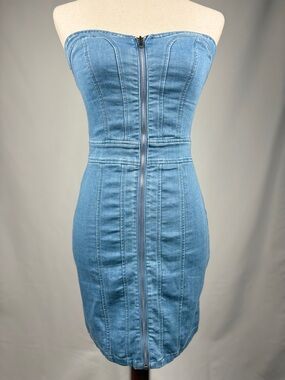 Strapless Denim Corset Mini Dress Zip Front Bodycon Small